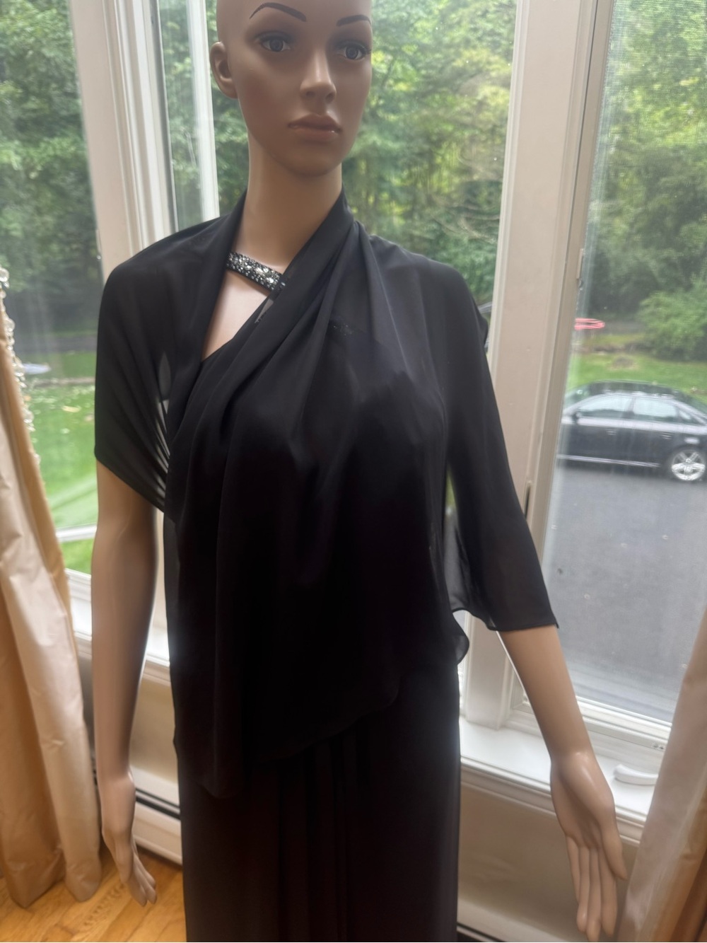 Black Chiffon Halter Evening Gown with Crystal Cross-Strap - Picture 3 of 14